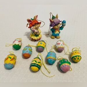 Easter Decor- Colorful Ceramic Easter Bunny Figurines and Egg Ornaments